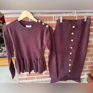 Able Burgundy Knit Sweater and Skirt Set with Gold Buttons S
